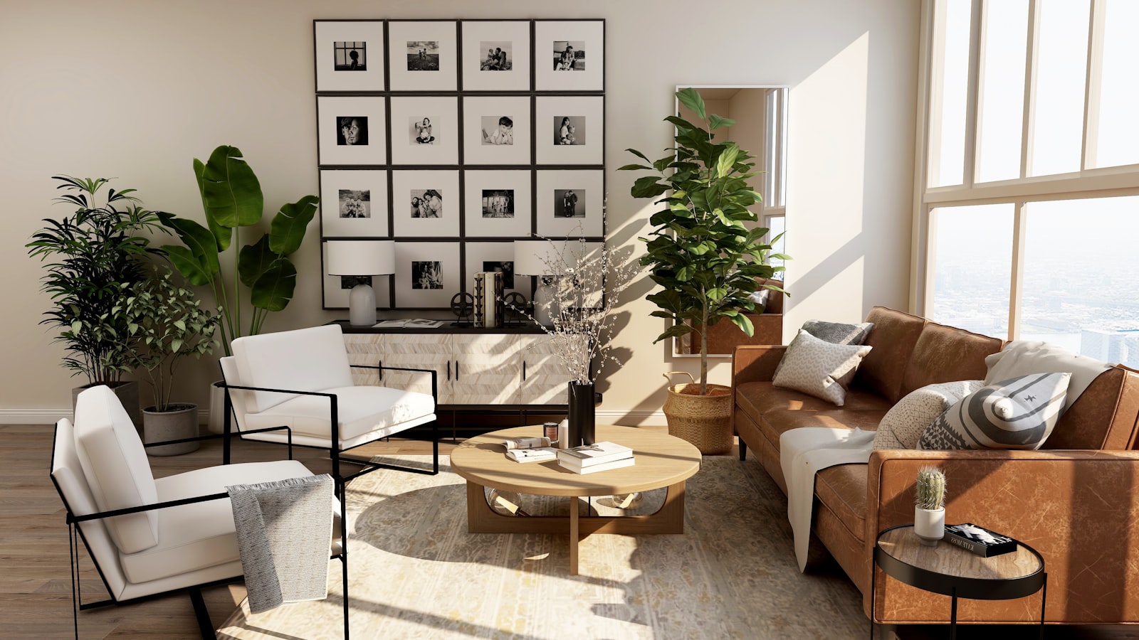 Bright, warmly styled living room with large windows, the kind of inviting space that performs well in a home tour reel