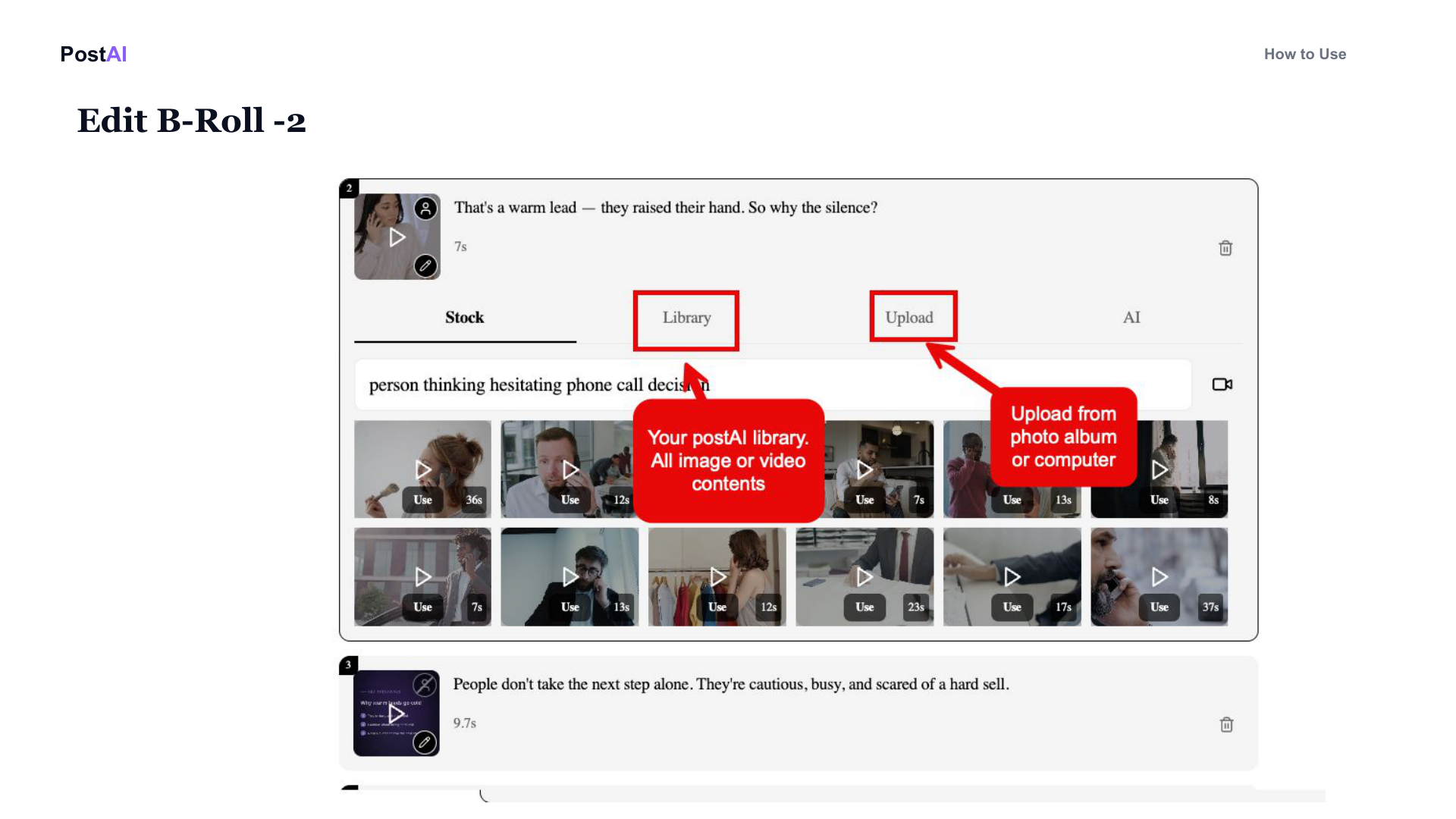 PostAI Insight Video B-roll editor showing Library and Upload tabs: Your PostAI library (all image or video contents) and Upload from photo album or computer.