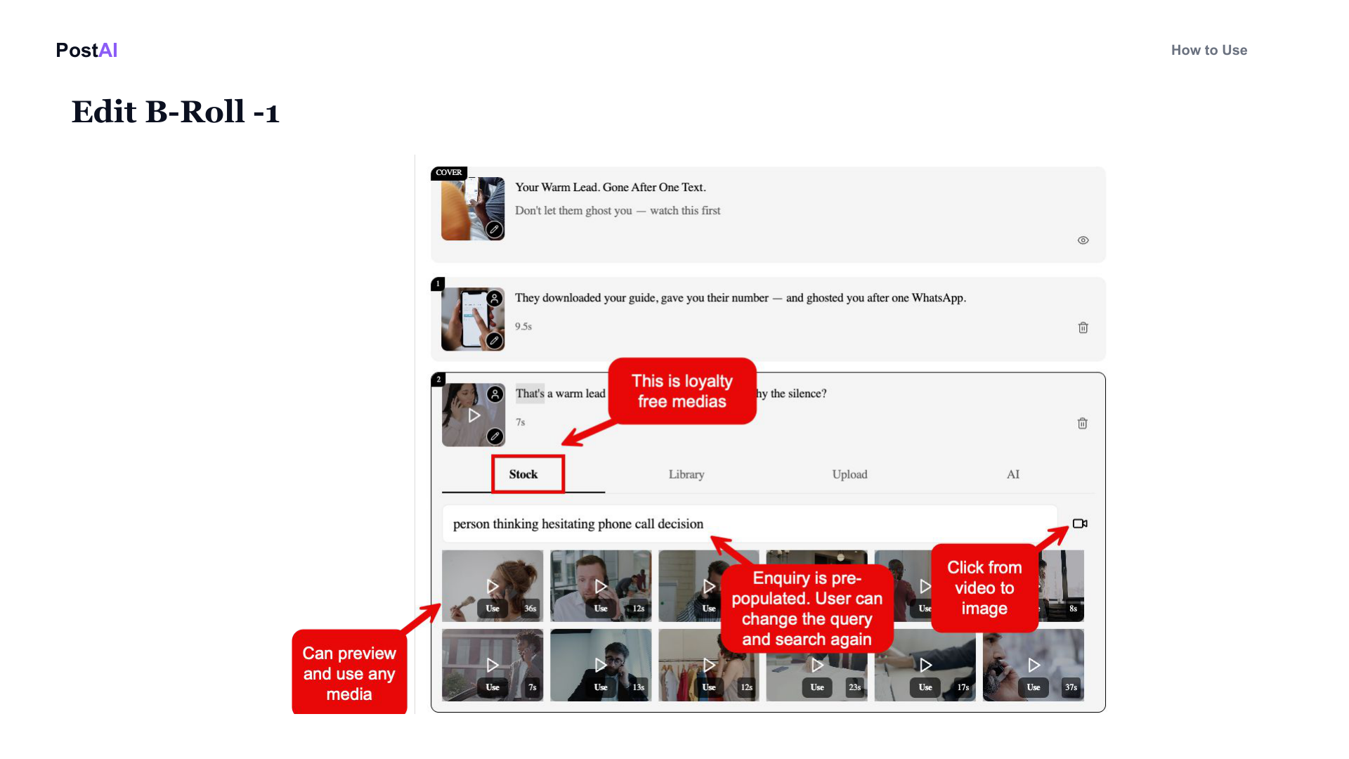 PostAI Insight Video B-roll editor on the Stock tab: enquiry is pre-populated, user can change the query and search again, click from video to image, preview and use any media. Royalty-free.