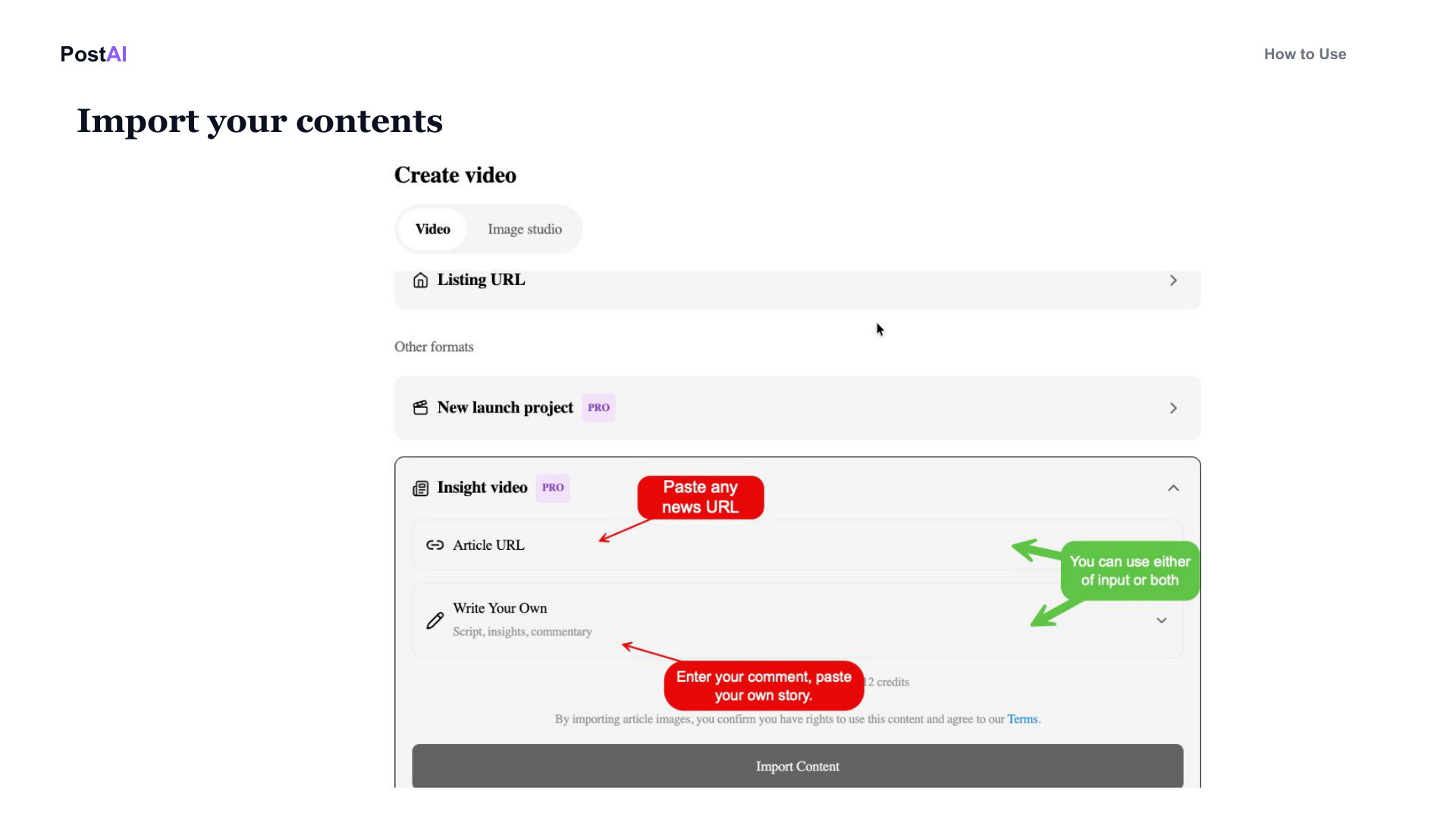 PostAI Insight Video import screen: two input modes, Article URL (paste any news link) and Write Your Own (script, insights, commentary). Either can be used or both.