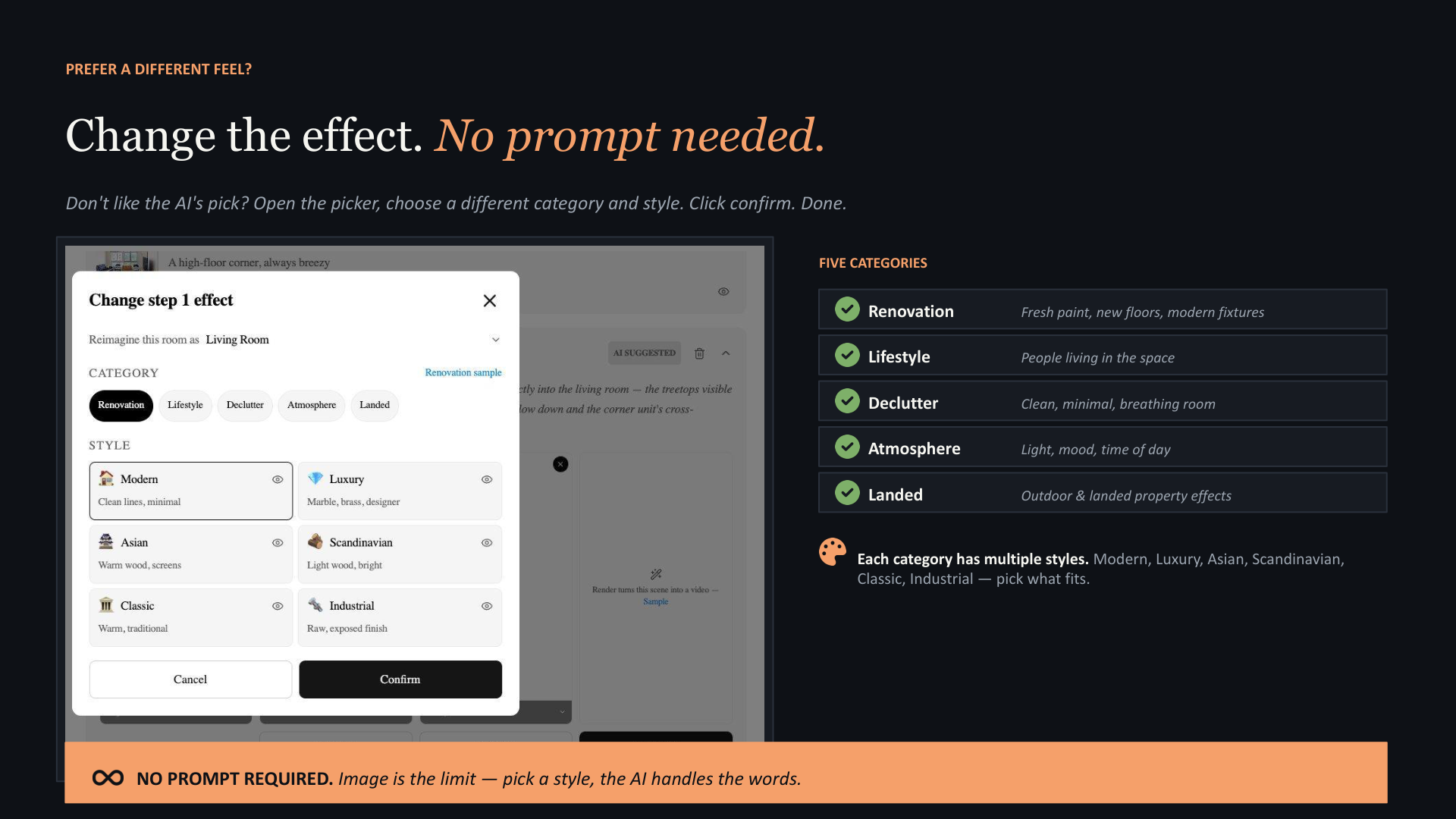 Magic Reel effect picker: five categories (Renovation, Lifestyle, Declutter, Atmosphere, Landed) with multiple styles each (Modern, Luxury, Asian, Scandinavian, Classic, Industrial). No prompt required — image is the limit.