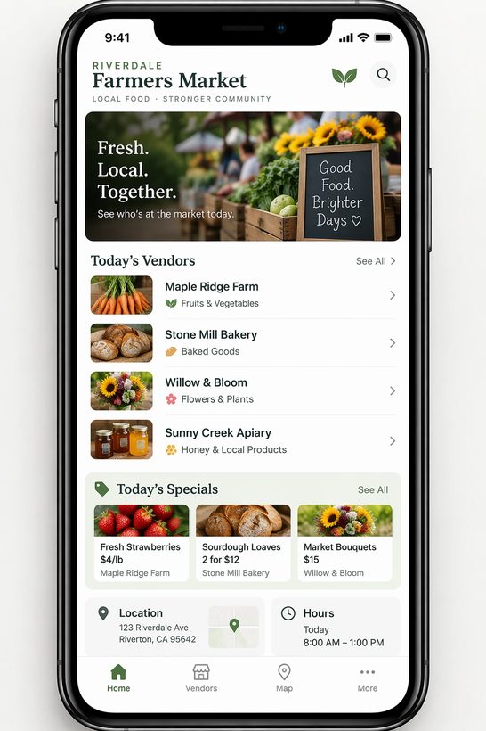 A farmers market app shown on a phone screen