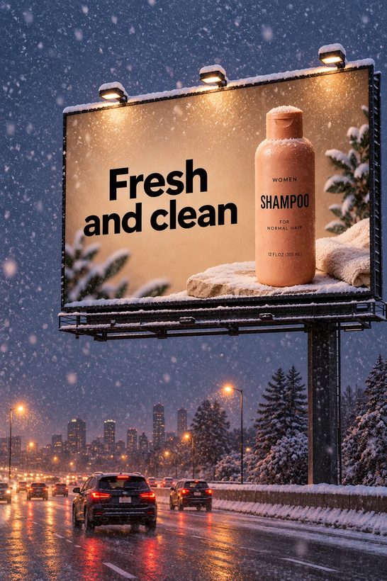 The same billboard scene changed to a snowy winter evening