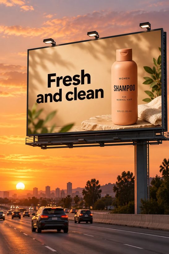 A shampoo advertisement on a roadside billboard at sunset