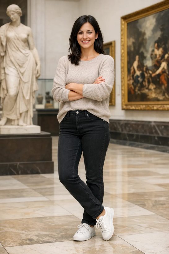 A woman standing in a gallery wearing a jumper and jeans