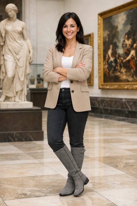 The same woman wearing the beige blazer, face and pose unchanged