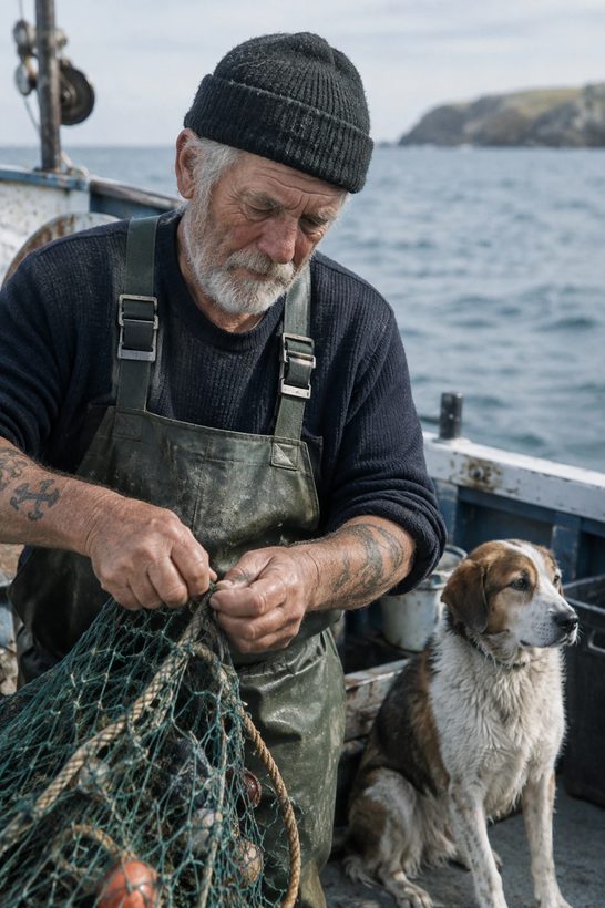 A fisherman mending nets on a boat with his dog, generated by the Flare model