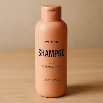 A shampoo bottle photographed on a wooden surface