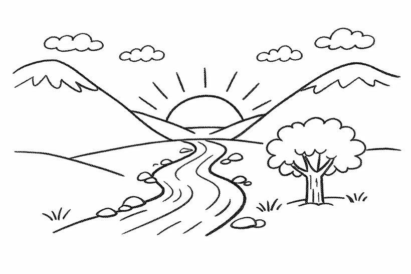 A simple line drawing of a river, tree, mountains and sun