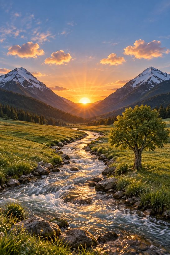 A photorealistic mountain valley at sunset matching the sketch layout
