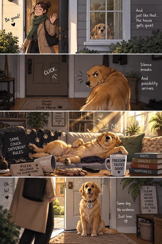 A six-panel illustrated story about a dog waiting at home