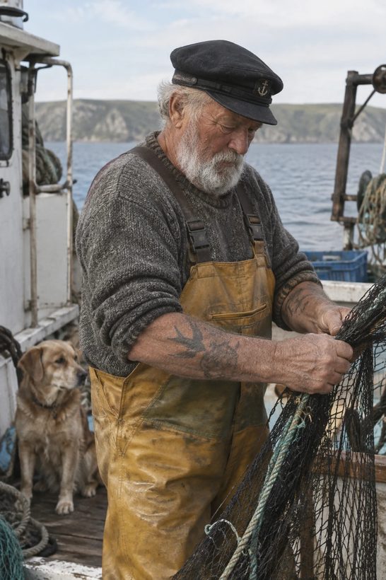 The same fisherman scene generated by the Sunburst model, with richer detail